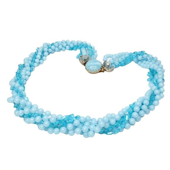 Vintage 7 Strand Plastic Bead Necklace Blue Multistrand Round Diamond Beads 24" - Picture 1 of 4